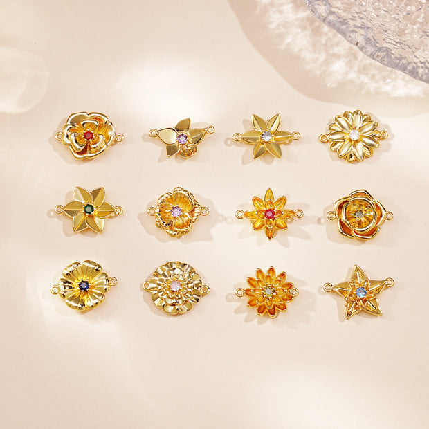 12pcs Brass Birth Flower Connector With Birthstone For DIY Bracelet Necklace