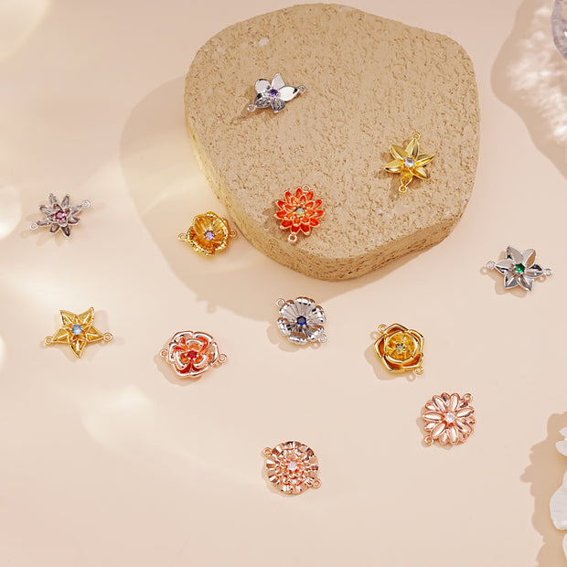 12pcs Brass Birth Flower Connector With Birthstone For DIY Bracelet Necklace