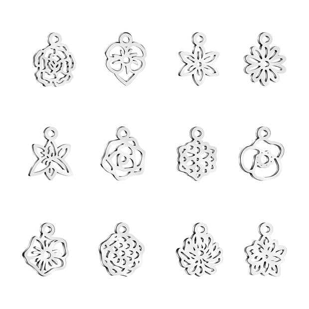 12pcs Stainless Steel Birth Flower Tags Birthflower Charms