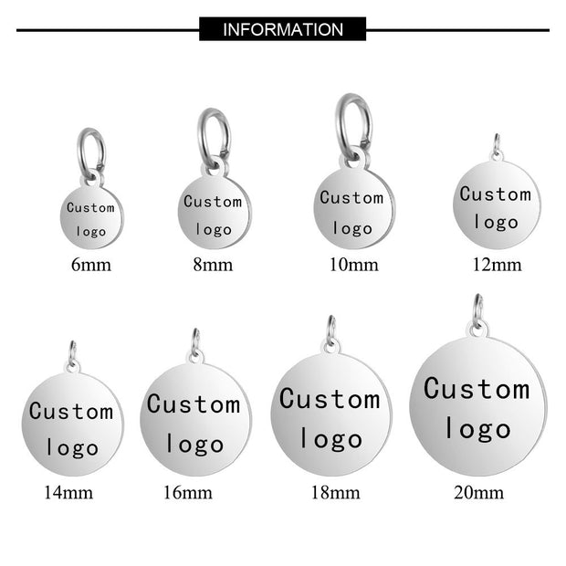 20pcs Laser Engraved Custom logo round disc tags 6-35mm with jump ring