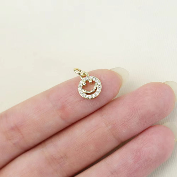 10pcs 10X8mm brass real gold PVD plated smile face tags with paved crystal