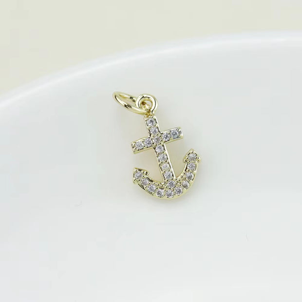 10pcs 14x9mm Gold Vacuum Plated  Paved Crystal Anchor Charms