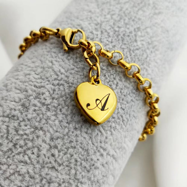 Stainless Steel Round Rolo Chain Bracelet With Heart Initial Charm