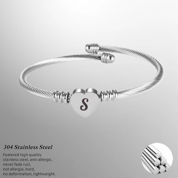 2pcs Stainless Steel Rope Bracelet Bangle With Heart Initial Beads