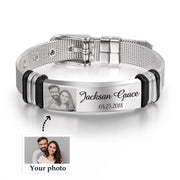 Custom Photo Text Name Stainless Steel Couples Bracelets Adjustable Band Bangles